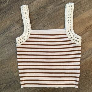 Aerie Women’s M Brown Cream Striped Camisole Tank Crop Top Crochet Straps Ribbed
